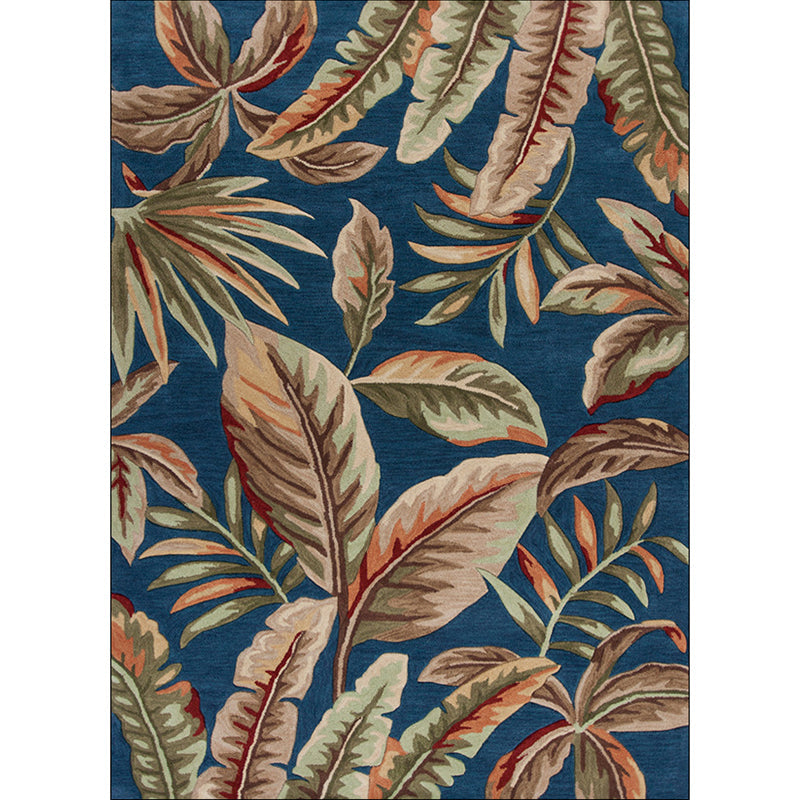 Blue Tropical Carpet Polyester Leaf Print Carpet Washable Non-Slip Back Carpet for Living Room