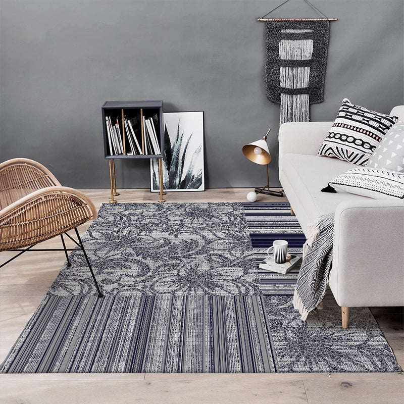 Shabby Chic Flower Pattern Rug with Stripes Dark Gray Polyester Rug Machine Washable Non-Slip Rug for the Living Room