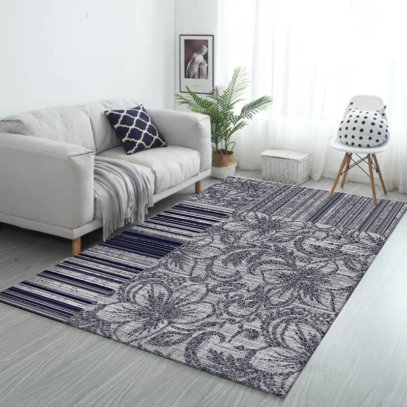 Shabby Chic Flower Pattern Rug with Stripes Dark Gray Polyester Rug Machine Washable Non-Slip Rug for the Living Room