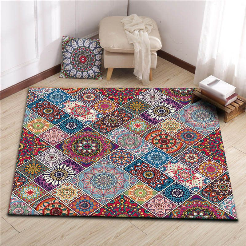 Colorful Bedroom Carpet Moroccan Tiles Carpet Polyester Non-slip Backing Carpet