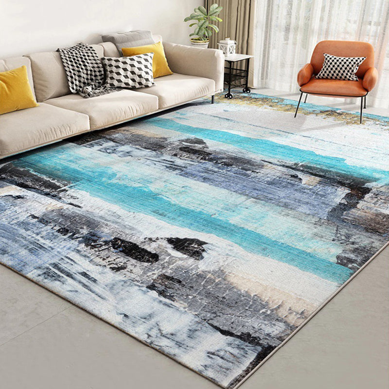 Modern living room rug in blue Abstract oil painting print rug Polyester washable stain-resistant area rug