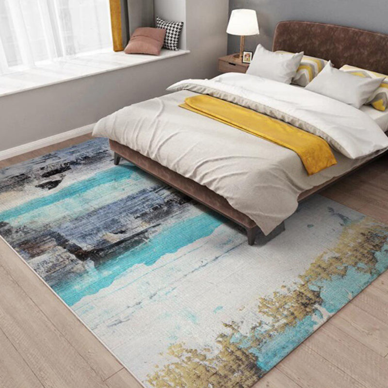 Modern living room rug in blue Abstract oil painting print rug Polyester washable stain-resistant area rug