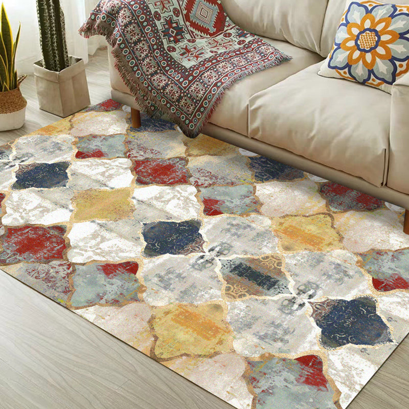 Ivory Bedroom Rug Moroccan Geometric Pattern Area Rug Polyester Non-Slip Back Pet-Friendly Rug