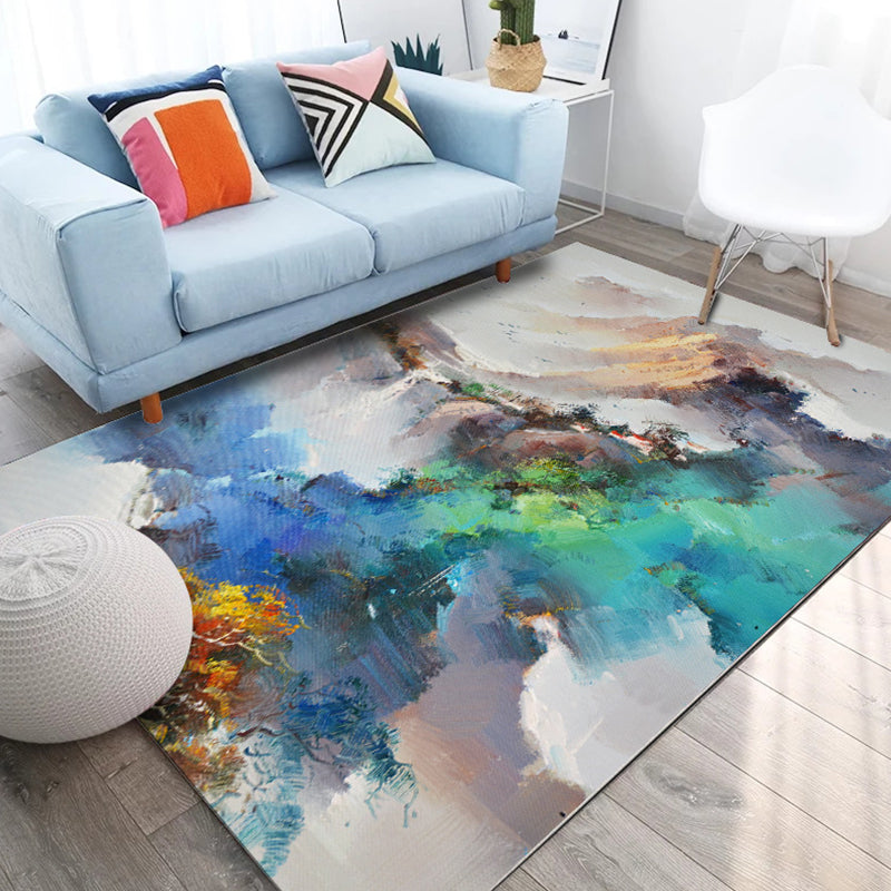 Modern living room rug in Ivory Abstract landscape painting printed rug Polyester machine washable area rug