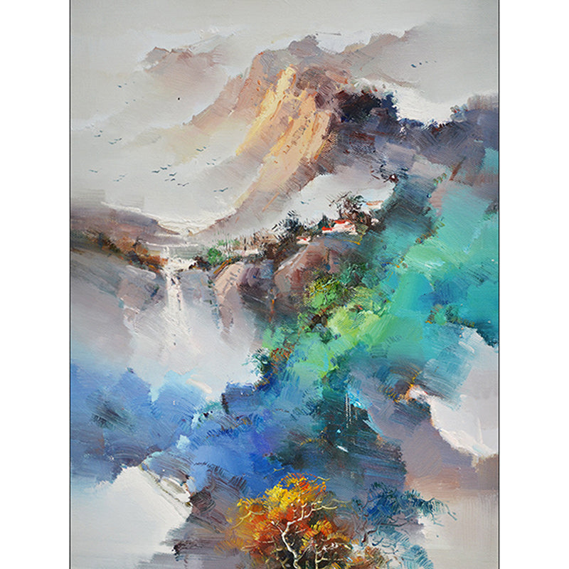 Modern living room rug in Ivory Abstract landscape painting printed rug Polyester machine washable area rug
