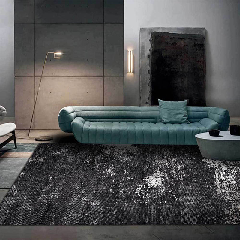 Industrial Abstract Rug Black Polyester Rug Machine Washable Non-Slip Backing Rug for Bedroom