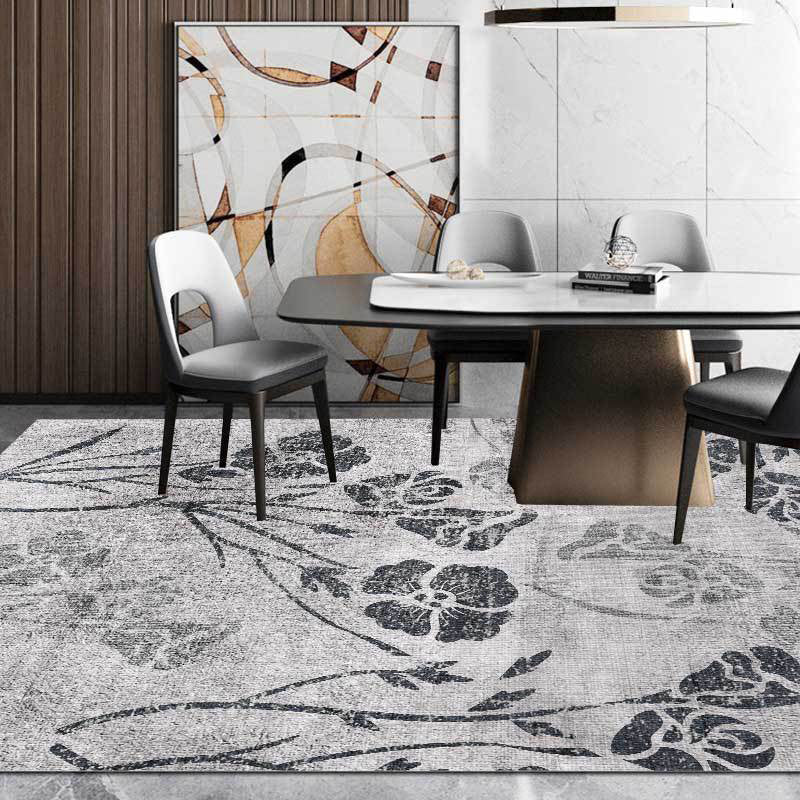 Gray Shabby Chic Rug Polyester Floral Pattern Rug Washable Non-Slip Back Rug for Living Room