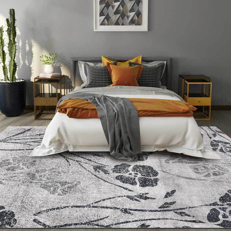 Gray Shabby Chic Rug Polyester Floral Pattern Rug Washable Non-Slip Back Rug for Living Room