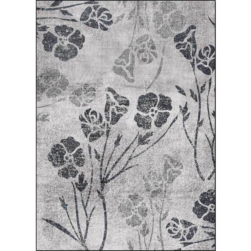 Gray Shabby Chic Rug Polyester Floral Pattern Rug Washable Non-Slip Back Rug for Living Room