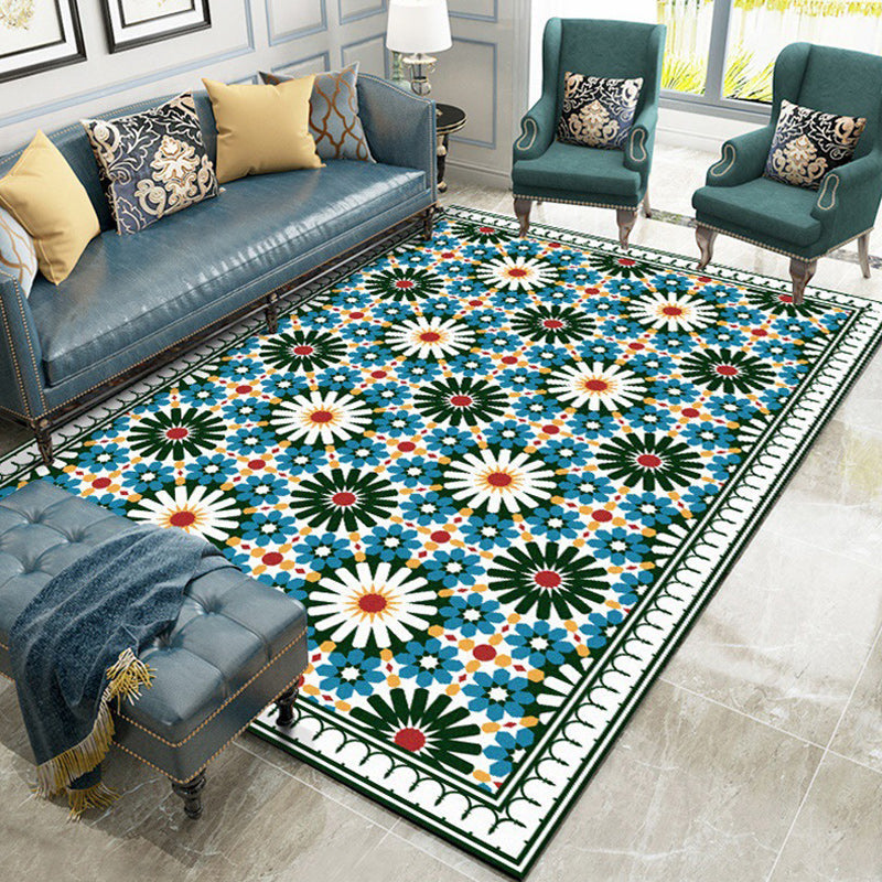 Persian Moroccan rug in green geometric floral design rug made of Polyester pet-friendly rug for home decor