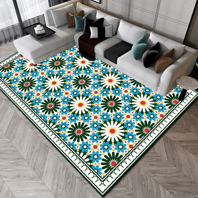 Persian Moroccan rug in green geometric floral design rug made of Polyester pet-friendly rug for home decor