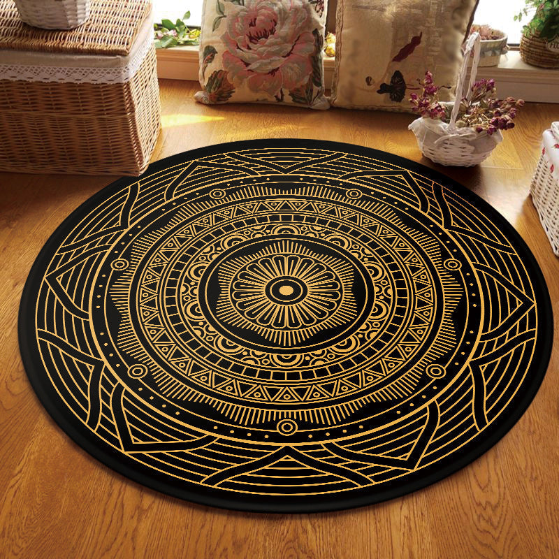 Moroccan Living Room Carpet with Black Circle-Triangle Pattern Carpet Polyester Stain-Resistant Area Rug
