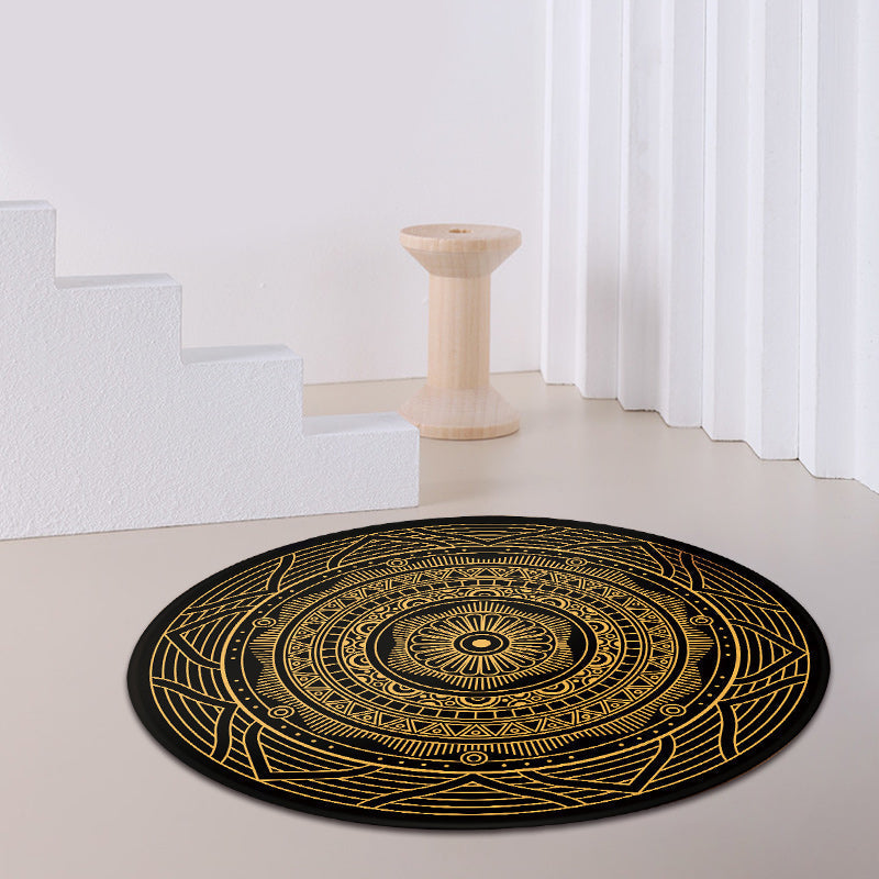 Moroccan Living Room Carpet with Black Circle-Triangle Pattern Carpet Polyester Stain-Resistant Area Rug