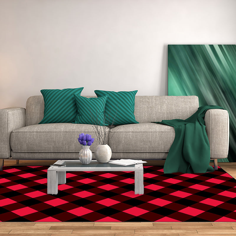 Red Bedroom Carpet Modern Checkered Area Rug Polyester Non-Slip Backing Machine Washable Rug