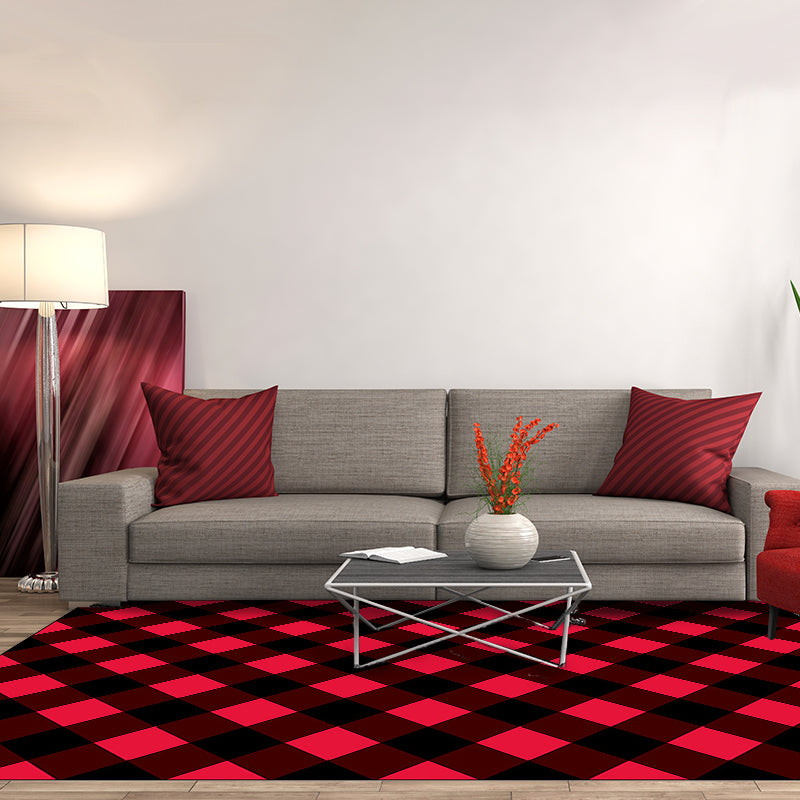 Red Bedroom Carpet Modern Checkered Area Rug Polyester Non-Slip Backing Machine Washable Rug