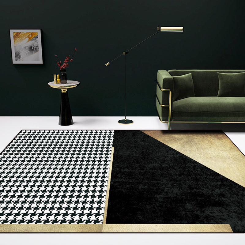 Black Bedroom Rug Modern Color Block Houndstooth Pattern Rug Polyester Pet Friendly Rug