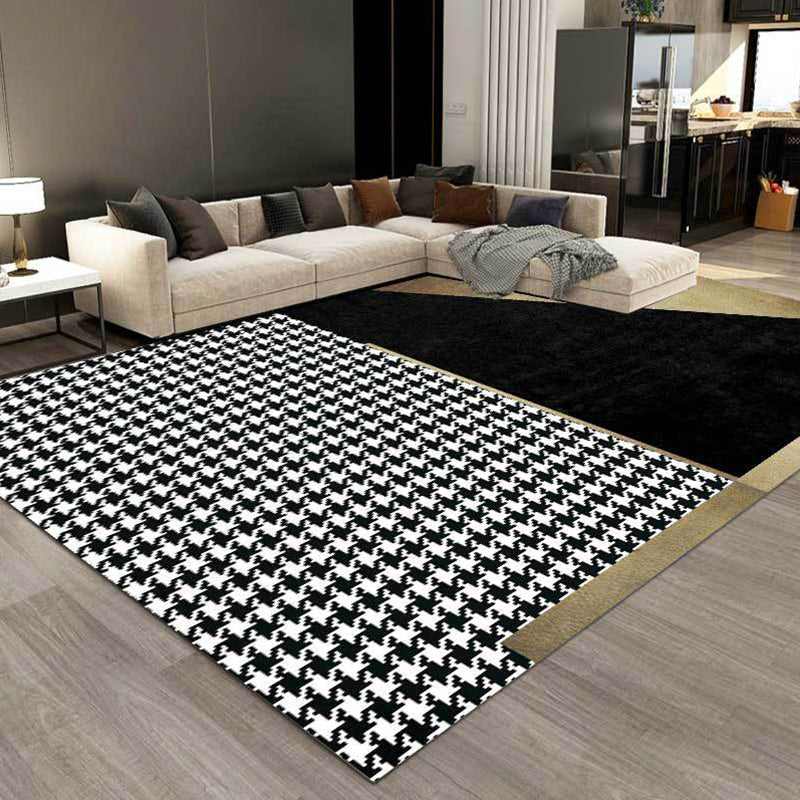 Black Bedroom Rug Modern Color Block Houndstooth Pattern Rug Polyester Pet Friendly Rug