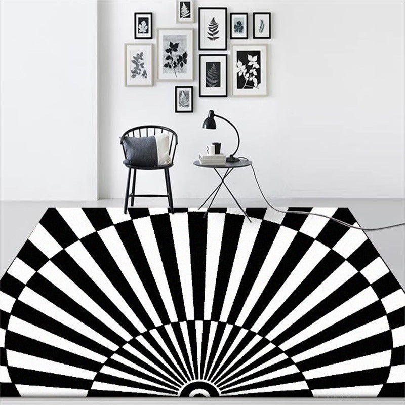Novelty Living Room Rug in Black and White 3D Half Circle Stripe Print Rug Polyester Pet Friendly Washable Area Rug