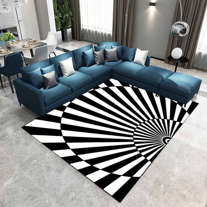 Novelty Living Room Rug in Black and White 3D Half Circle Stripe Print Rug Polyester Pet Friendly Washable Area Rug