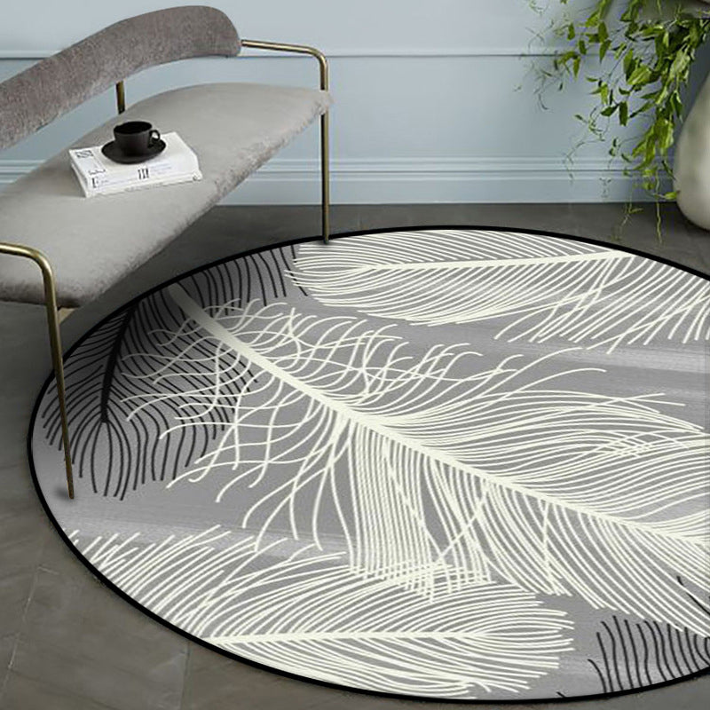Gray and Black Tropical Carpet Mainly Polyester Feather Print Carpet Washable Non-Slip Back Carpet for Living Room