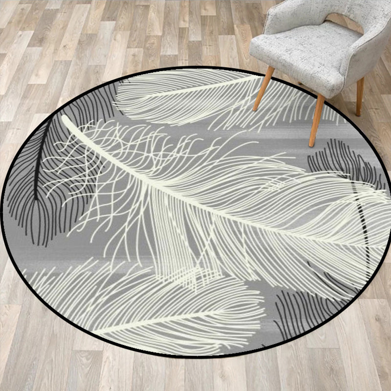 Gray and Black Tropical Carpet Mainly Polyester Feather Print Carpet Washable Non-Slip Back Carpet for Living Room