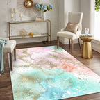 Modern living room rug in pink and blue abstract spray print rug polyester washable non-slip floor rug
