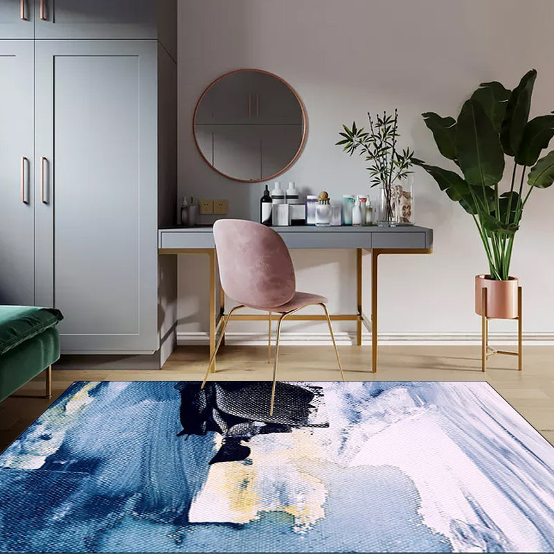 Blue Bedroom Carpet Modern Abstract Ink Painting Pattern Area Rug Polyester Non-Slip Machine Washable Rug
