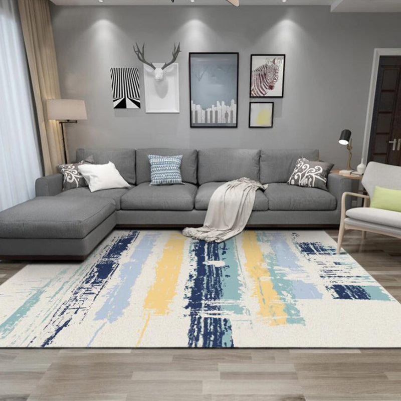 Ivory Bedroom Rug Modern Abstract Ink Painting Pattern Rug Polyester Machine Washable Pet-Friendly Rug