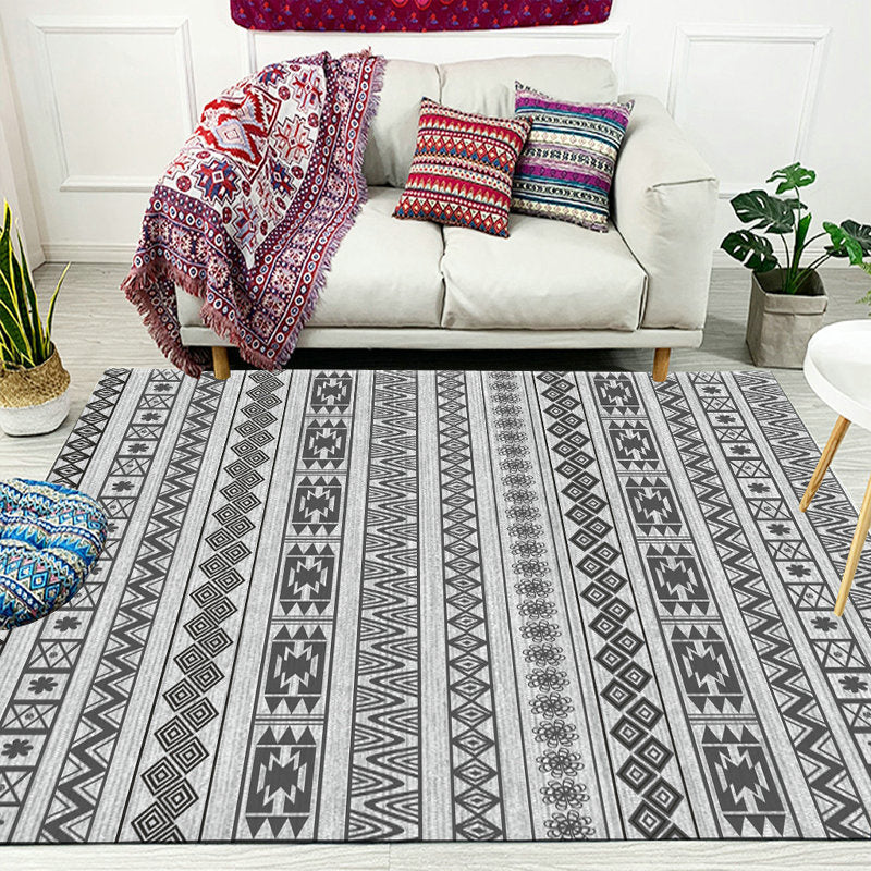 Southwest Living Room Rug in Gray Stripe Flower Geometry Print Rug Polyester Non-Slip Back Area Rug