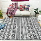 Southwest Living Room Rug in Gray Stripe Flower Geometry Print Rug Polyester Non-Slip Back Area Rug