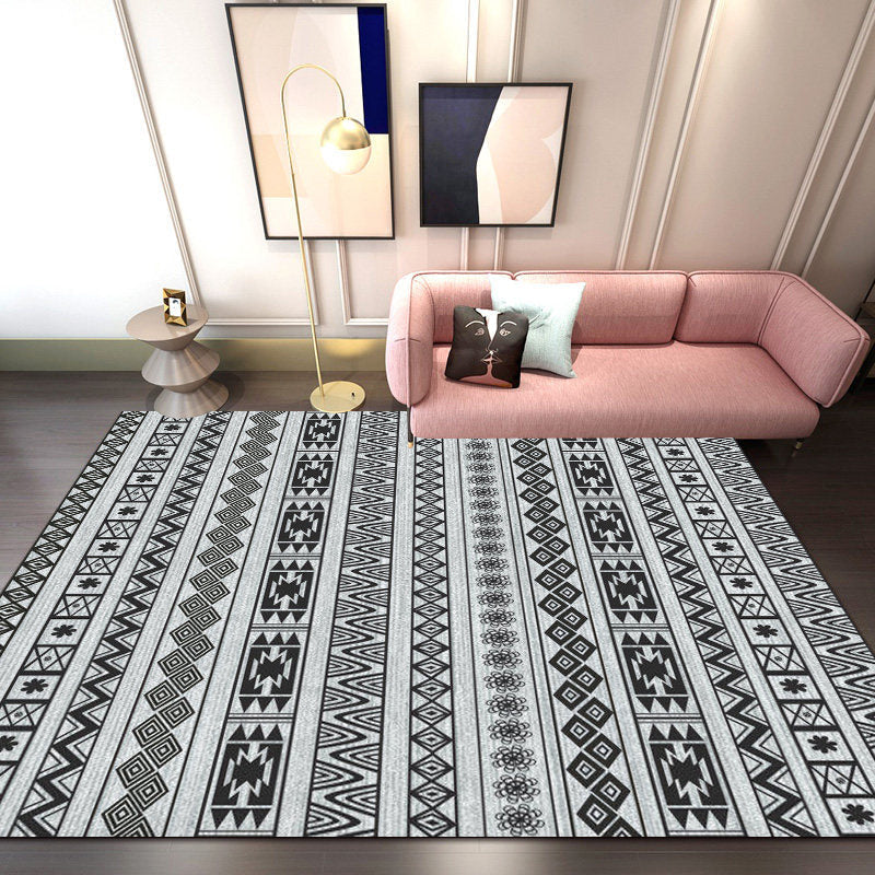 Southwest Living Room Rug in Gray Stripe Flower Geometry Print Rug Polyester Non-Slip Back Area Rug