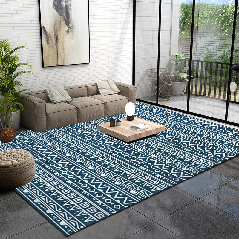 American Southwestern rug in blue stripes, Greek key, wave pattern, rug, polyester, washable rug for home decor
