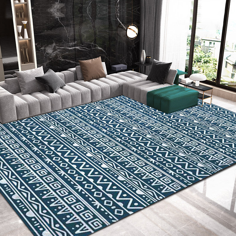 American Southwestern rug in blue stripes, Greek key, wave pattern, rug, polyester, washable rug for home decor