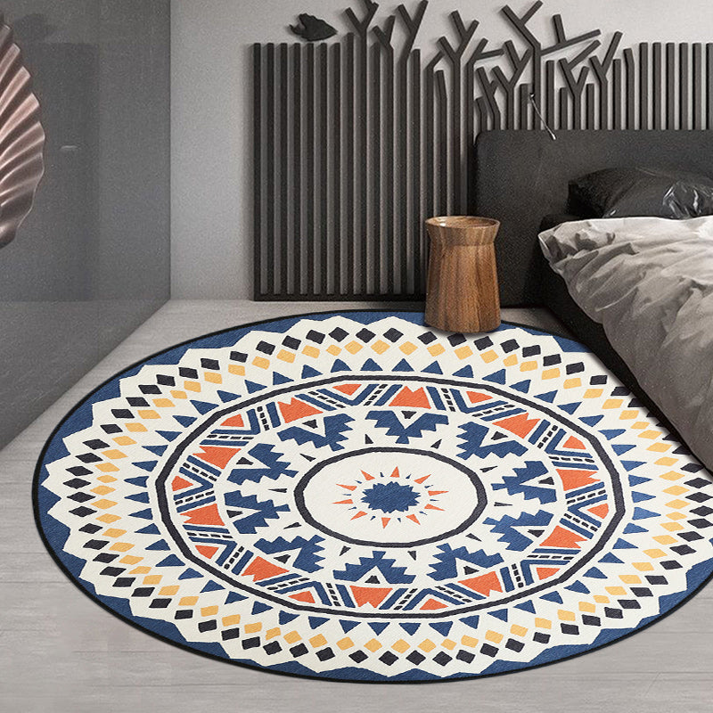Southwest Living Area Rug in Ivory Circle Diamond Triangle Print Rug Polyester Washable Non-Slip Rug