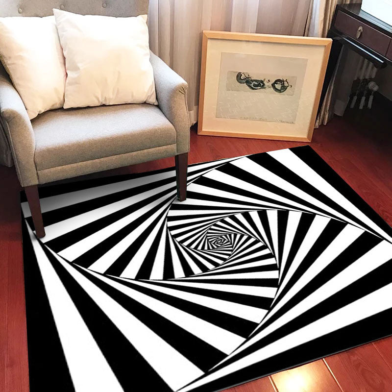 Novelty Living Room Rug in Black and White 3D Stripe Pattern Rug Polyester Non-Slip Machine Washable Rug
