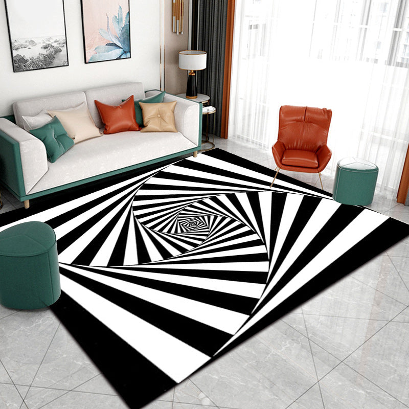 Novelty Living Room Rug in Black and White 3D Stripe Pattern Rug Polyester Non-Slip Machine Washable Rug