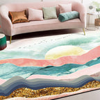 Novelty Living Room Carpet Colorful Mountain Sun Bird Print Carpet Polyester Pet Friendly Stain Resistant Area Rug