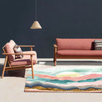 Novelty Living Room Carpet Colorful Mountain Sun Bird Print Carpet Polyester Pet Friendly Stain Resistant Area Rug