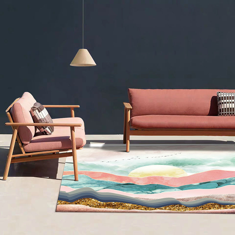 Novelty Living Room Carpet Colorful Mountain Sun Bird Print Carpet Polyester Pet Friendly Stain Resistant Area Rug