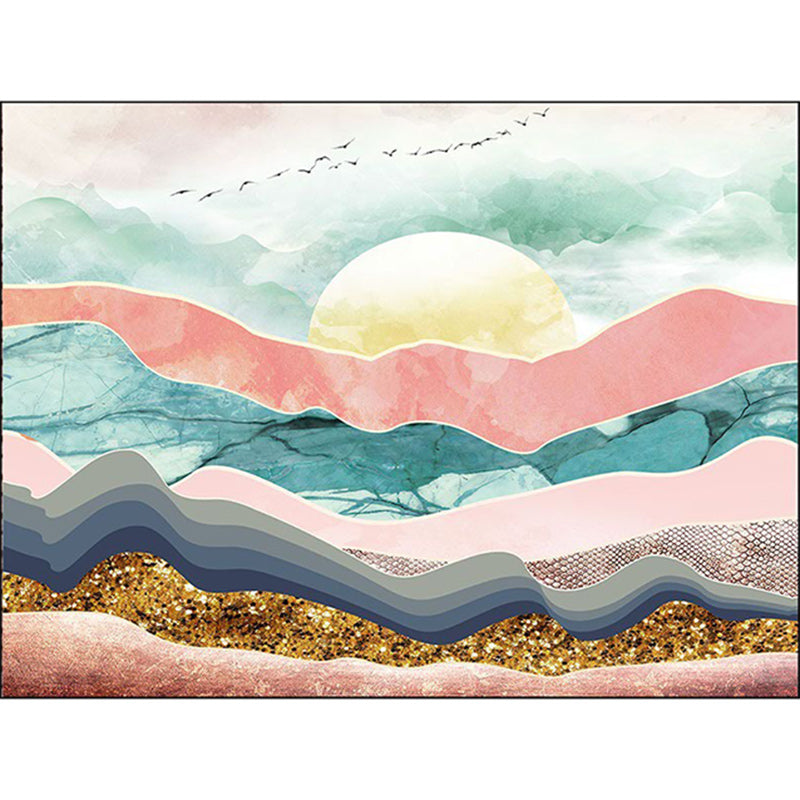 Novelty Living Room Carpet Colorful Mountain Sun Bird Print Carpet Polyester Pet Friendly Stain Resistant Area Rug