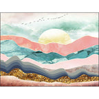Novelty Living Room Carpet Colorful Mountain Sun Bird Print Carpet Polyester Pet Friendly Stain Resistant Area Rug