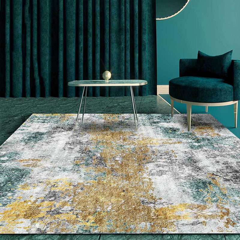 Unique Abstract Area Rug Gold and Green Industrial Rug Polyester Washable Non-Slip Back Area Rug for Living Room