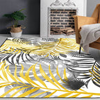 Yellow and White Casual Carpet Polyester Leaf Print Carpet Washable Non-Slip Backing Rug for Living Room