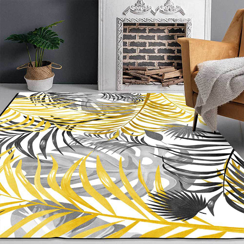 Yellow and White Casual Carpet Polyester Leaf Print Carpet Washable Non-Slip Backing Rug for Living Room