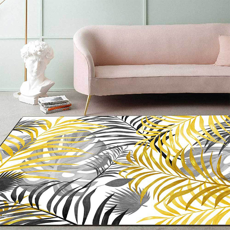 Yellow and White Casual Carpet Polyester Leaf Print Carpet Washable Non-Slip Backing Rug for Living Room
