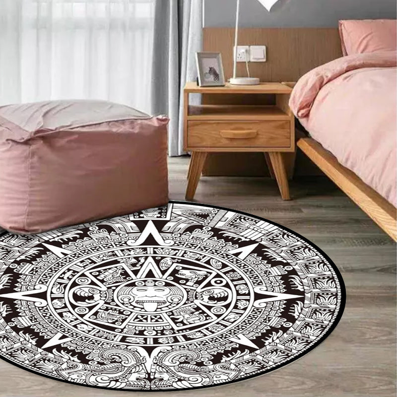 Black-white Bedroom Carpet Southwestern Tribal Circle Design Carpet Polyester Non-slip Washable Carpet
