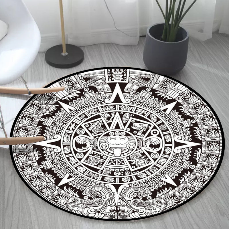 Black-white Bedroom Carpet Southwestern Tribal Circle Design Carpet Polyester Non-slip Washable Carpet