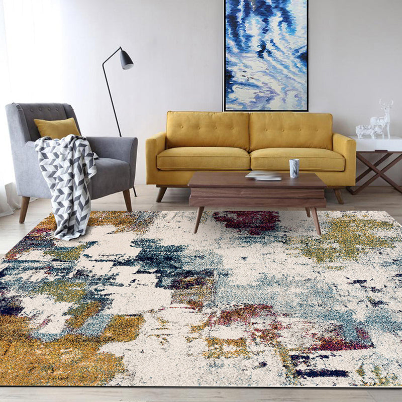 Ivory Bedroom Rug Modern Abstract Oil Painting Pattern Rug Polyester Stain Resistant Machine Washable Rug