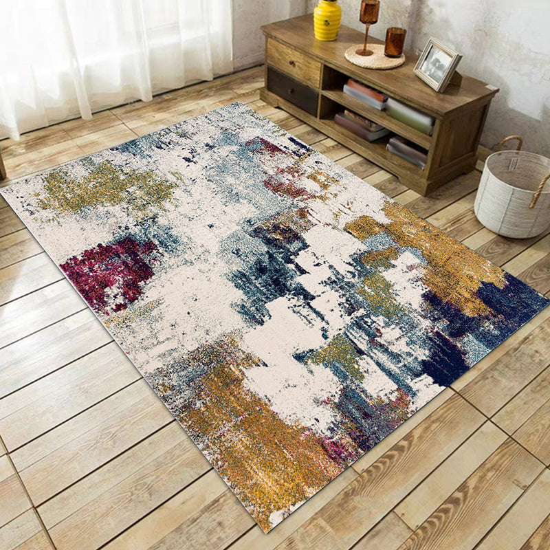 Ivory Bedroom Rug Modern Abstract Oil Painting Pattern Rug Polyester Stain Resistant Machine Washable Rug
