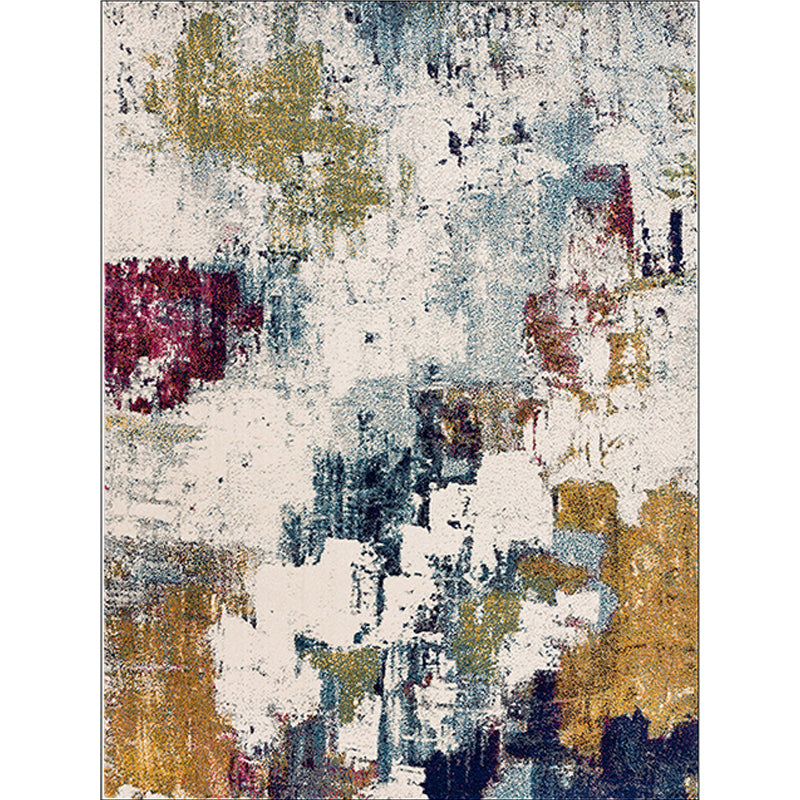 Ivory Bedroom Rug Modern Abstract Oil Painting Pattern Rug Polyester Stain Resistant Machine Washable Rug